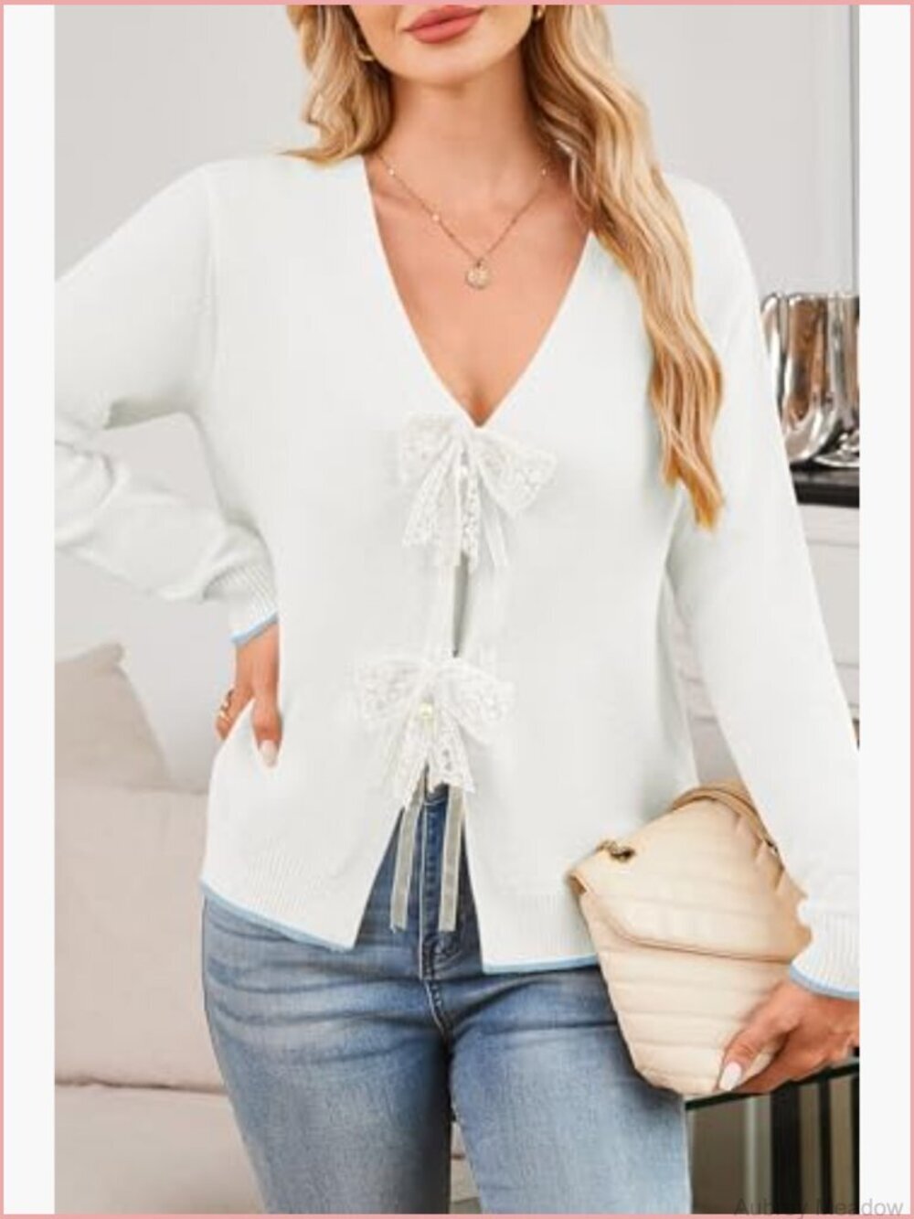 Bow Tie V Neck Lightweight Cardigan Sweater Open Front Knit Crop Top - Picture 5 of 7